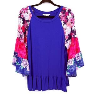 The Pioneer Woman Womens Top Blue L Cottage Patchwork Bell Sleeves Floral Ruffle